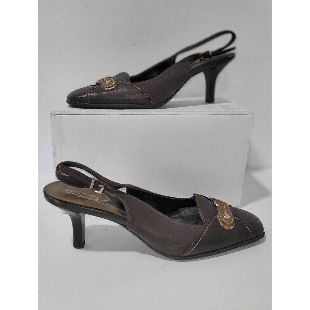 Aerology by Aerosoles Brown Leather Slingback Heels Buckle Size 7 1/2